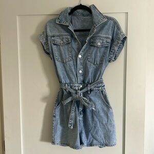 Short sleeve denim romper jumpsuit